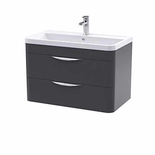nuie Parade Modern Wall Hung 2 Drawer Bathroom Vanity Basin Cabinet with Polymarble Basin, Satin Anthracite, W: 79.6 cm, D: 44.5 cm, H: 50.12 cm