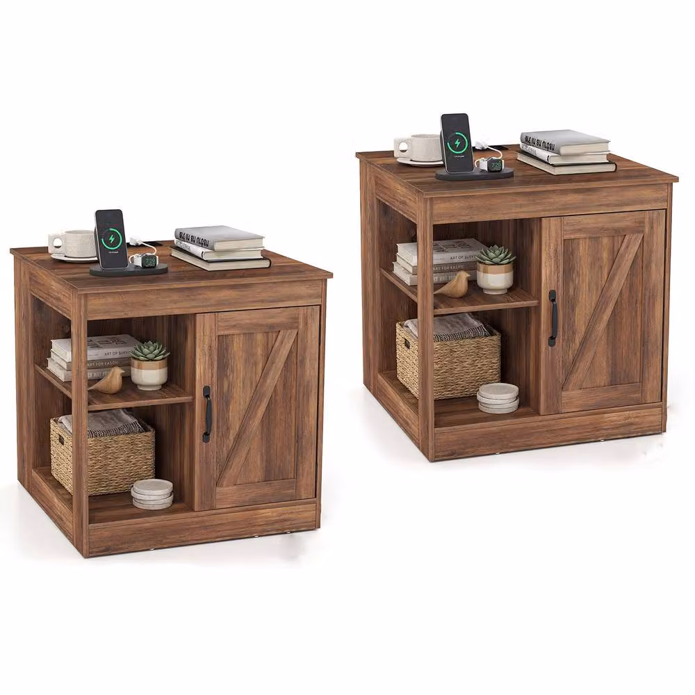 Costway Farmhouse Wooden Nightstand with Charging Station in Brown – 2