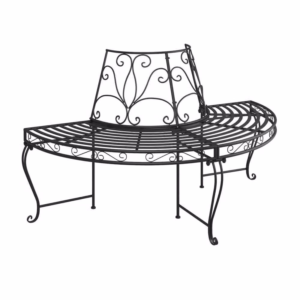 Berkfield Home Half Round Tree Bench, 2 Piece Black Steel Garden Set, Diameter: 160 cm – 2