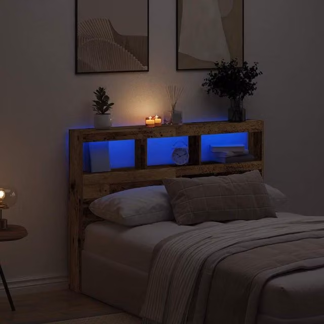 Berkfield Home Modern Wall Mount Headboard Cabinet with LED Lighting and USB Charging Port in Brown, W/D/H: 140 x 17 x 102 cm – 1
