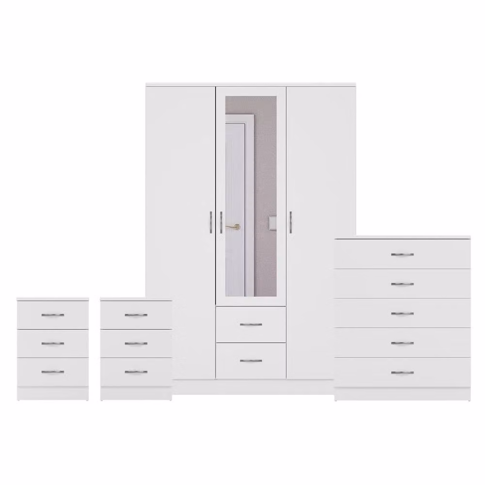 Vida Designs 4 Piece Modern White Bedroom Set including 3 Drawer Mirror Wardrobe, 5 Drawer Chest and 2 Bedside Tables – 2