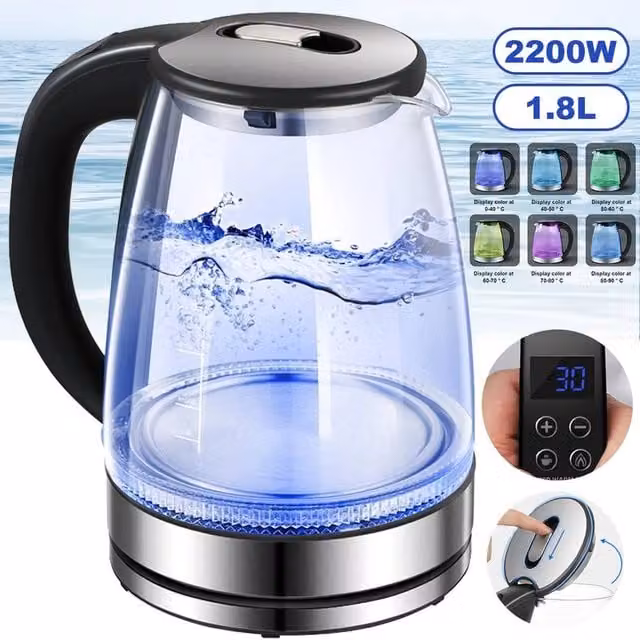 PAWNORA 1.8 l Glass Electric Kettle with LED Display and Auto Shut-off in Transparent