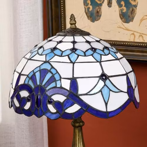 HOMCOM Tiffany Stained Glass Table Lamp in Blue with Antique Copper and Gold/Brass Finish – 7