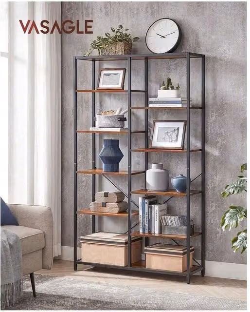VASAGLE Industrial Style 10 Compartment Bookcase Shelf in Bronze and Brown, H 170 x W 100 x D 30 cm