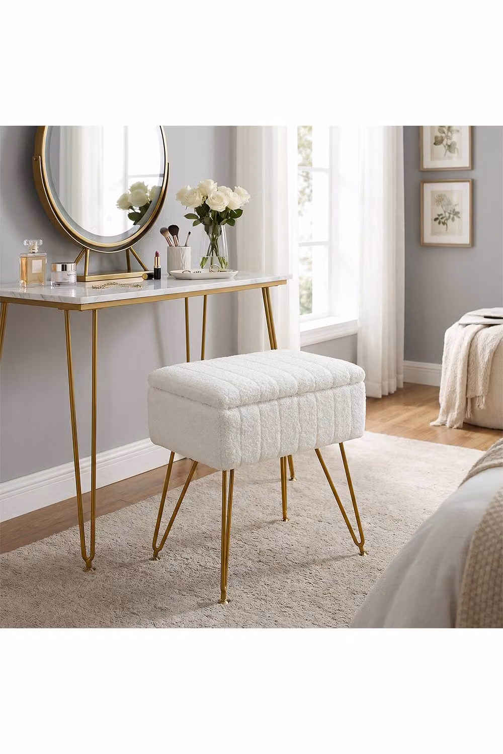 Living and Home Modern White Bouclé Upholstered Storage Ottoman Vanity Stool with Gold Metal Frame – 2