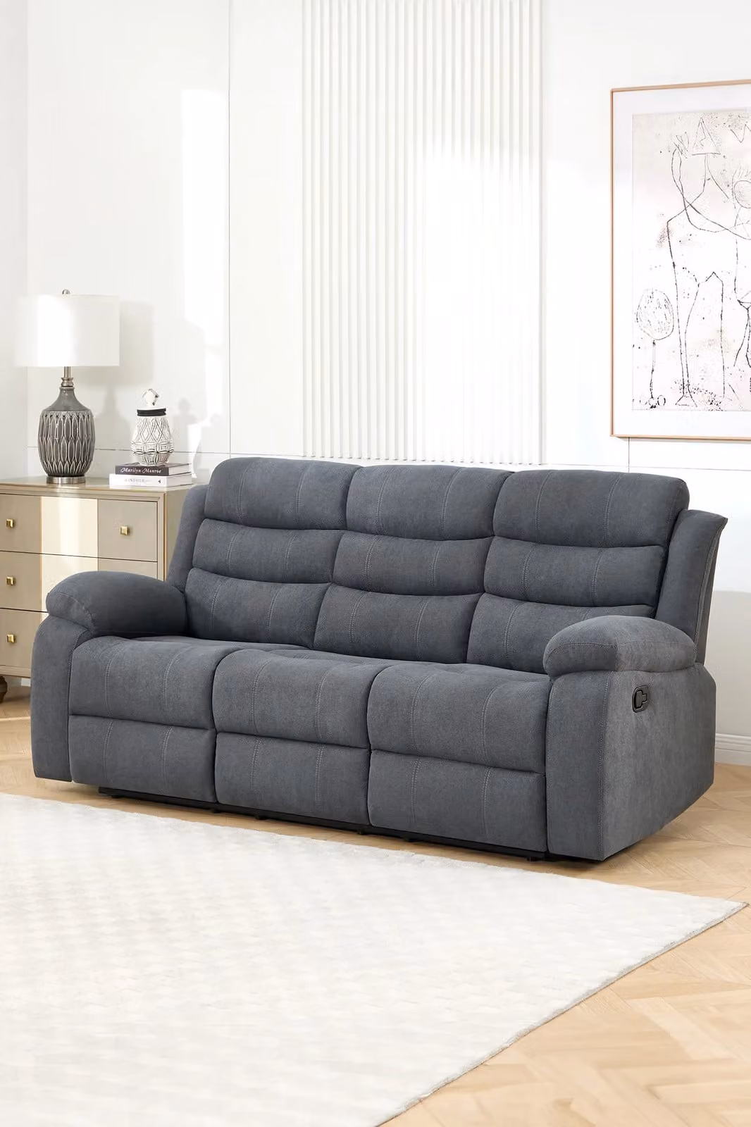 More4Homes Boston Grey Fabric 2+3 Seater Manual Recliner Sofa Set with Drinks Console