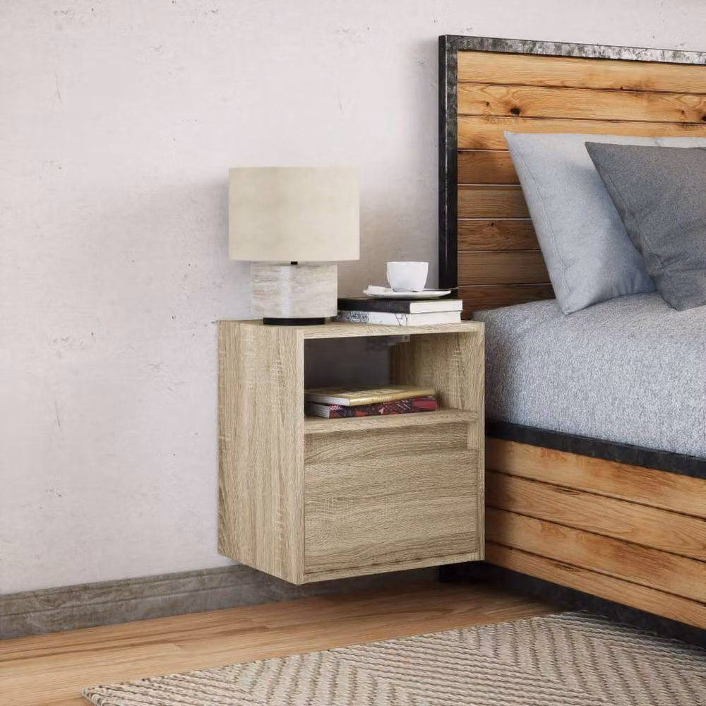 Berkfield Home Wall-mounted Bedside Cabinet with Integrated LED Lights in Sonoma Oak and Light Tan – 3