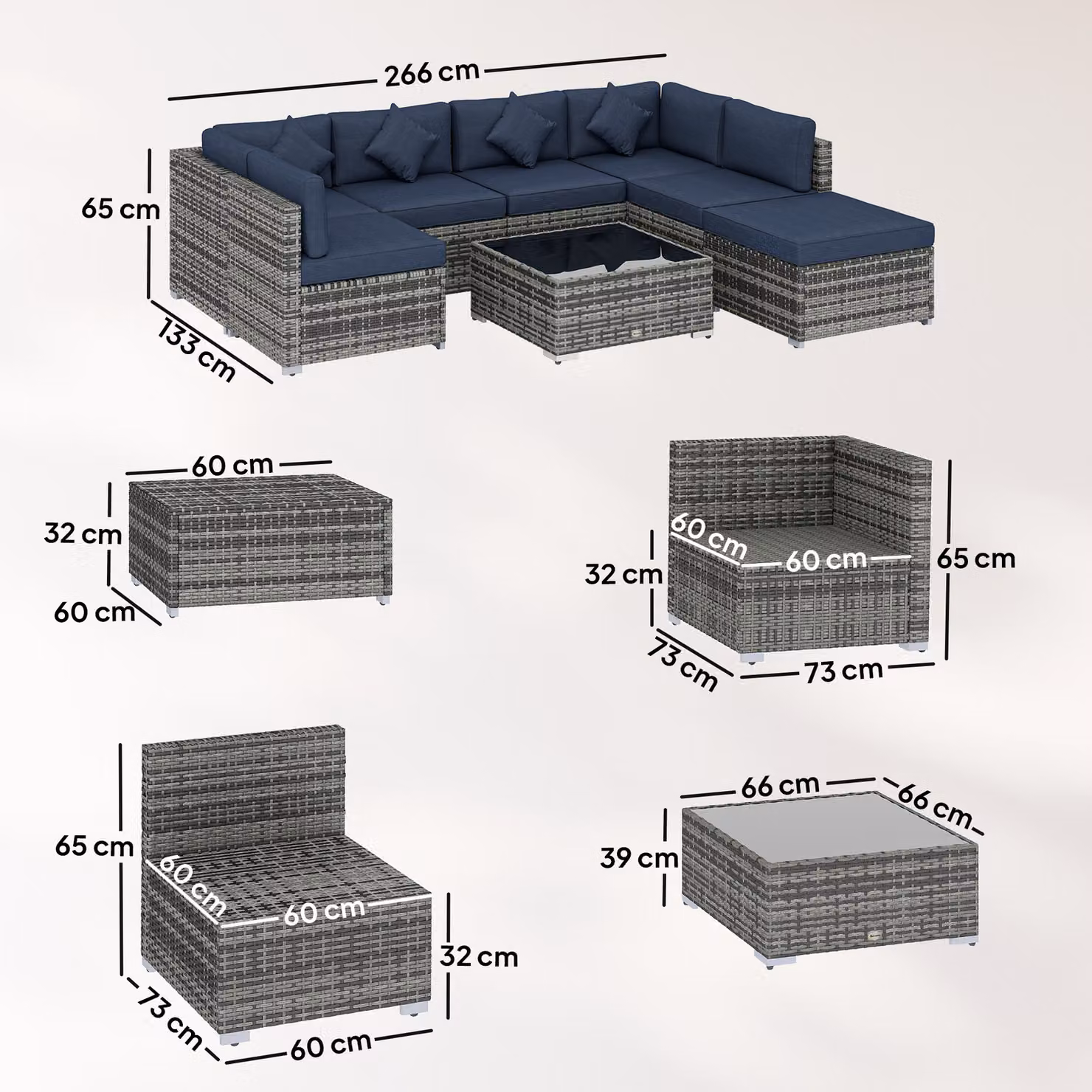 Outsunny 8 Piece PE Rattan L-Shape Corner Sofa Set with Cushions and Coffee Table, Dark Blue – 3