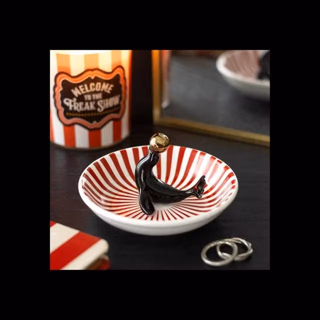 KDMD Circus Seal Ring Trinket Dish with Golden Ball on Striped Ceramic in Black, Gold, Red and White