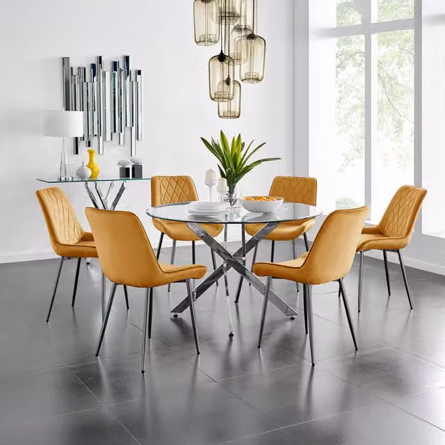 FurnitureboxUK Novara Round Glass Dining Table with Six Pesaro Yellow Chairs and Black Legs, Diameter: 120 cm