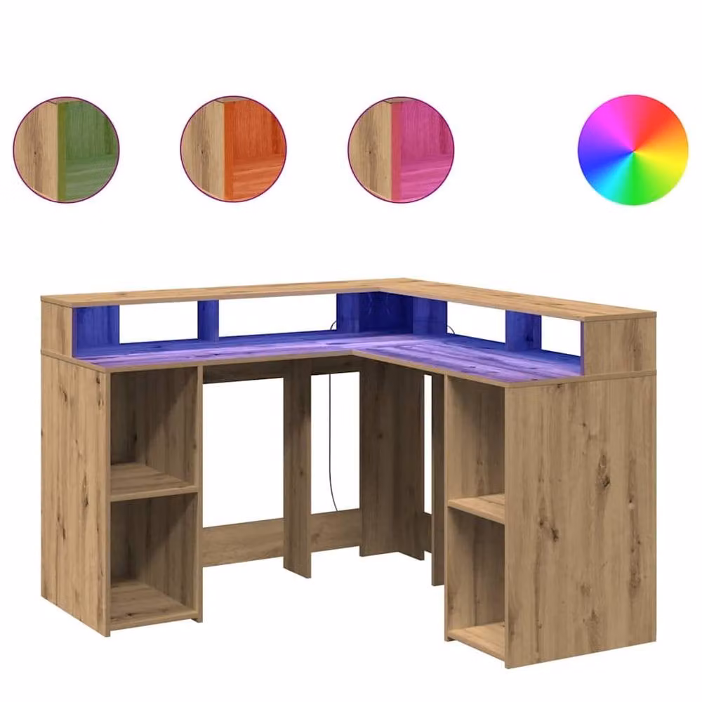 Berkfield Home Soft Desk with LED Lights in Artisan Oak and Brown, W/D/H: 130 x 130 x 91 cm – 2