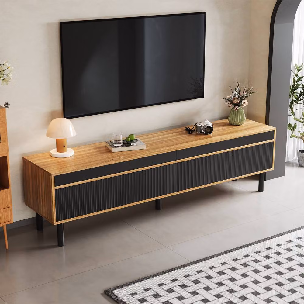 BTM Modern 4-Door TV Cabinet in Black and Natural Wood, W/D/H: 170 x 38 x 47 cm – 5
