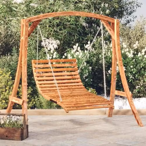 vidaXL Modern Swing Bed and Chair with Stand Frame in Brown Solid Spruce Wood with Teak Finish – 2