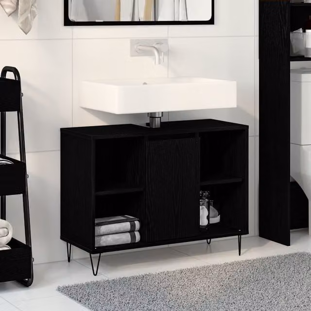 Berkfield Home Black Oak MDF Bathroom Vanity Unit with Sliding Doors and Internal Shelves