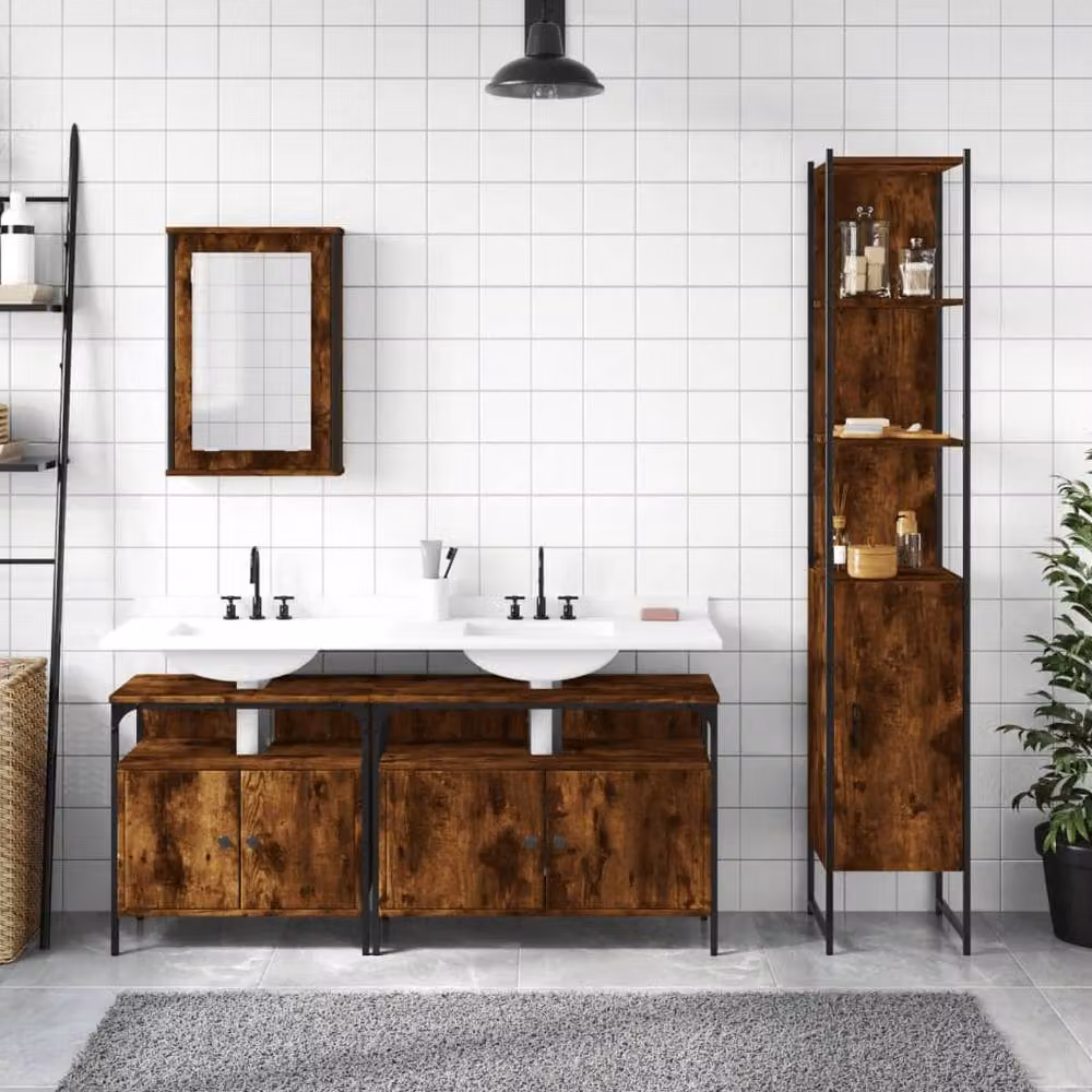 Berkfield Home 4 Piece Brown Smoked Oak Industrial Bathroom Furniture Set with Mirror Cabinet and Vanity Unit – 2