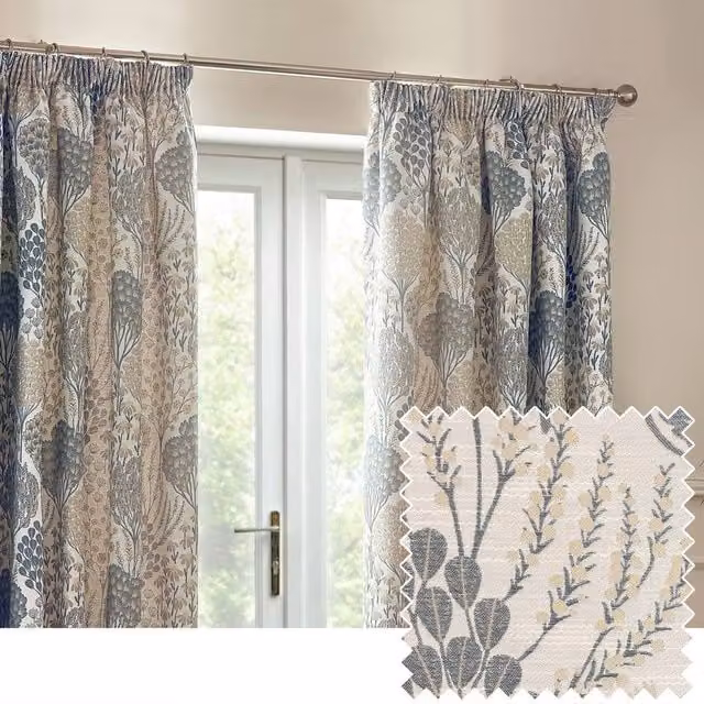 Wylder Ophelia Floral Room Darkening Pencil Pleat Curtain Pair in Mid Blue, Width: 168 cm, Drop: 137 cm