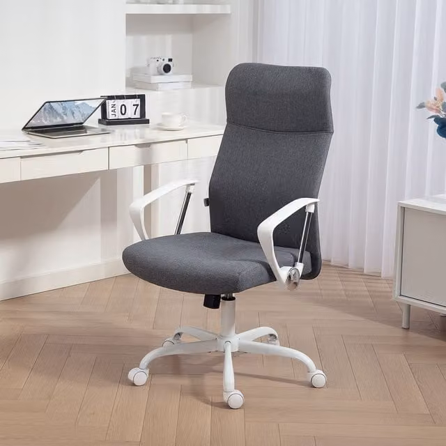 HOMCOM Grey Fabric High Back Office Task Chair with Armrests for Home Office