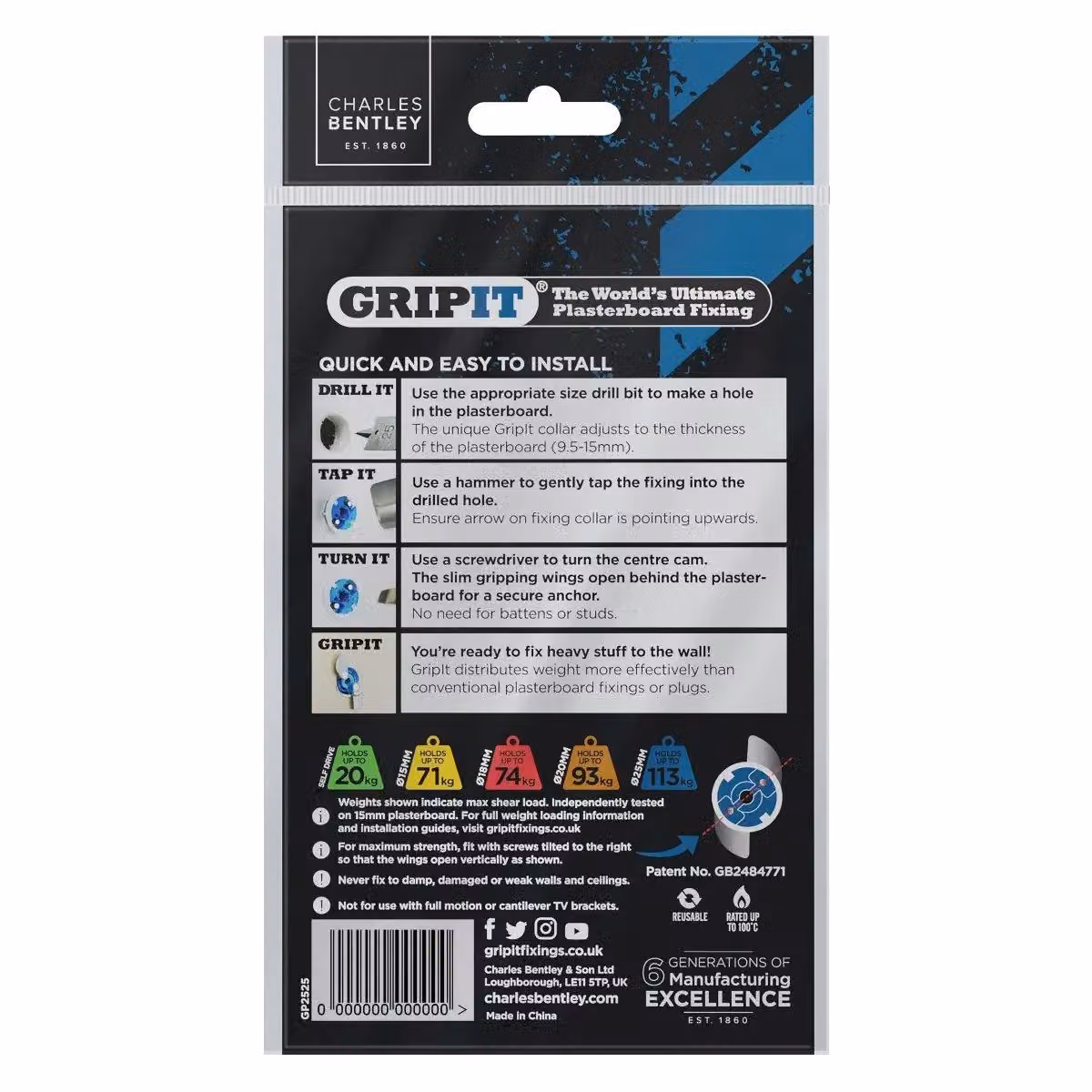Gripit 25mm Blue Plasterboard Cavity Wall Anchors, 25 Pack – 2