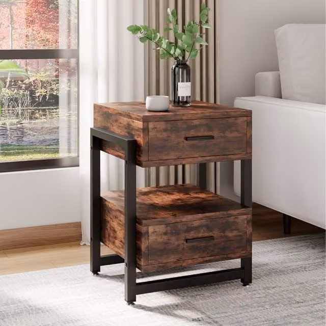 Komore Industrial Wooden Bedside Table with 2 Drawers in Brown and Black