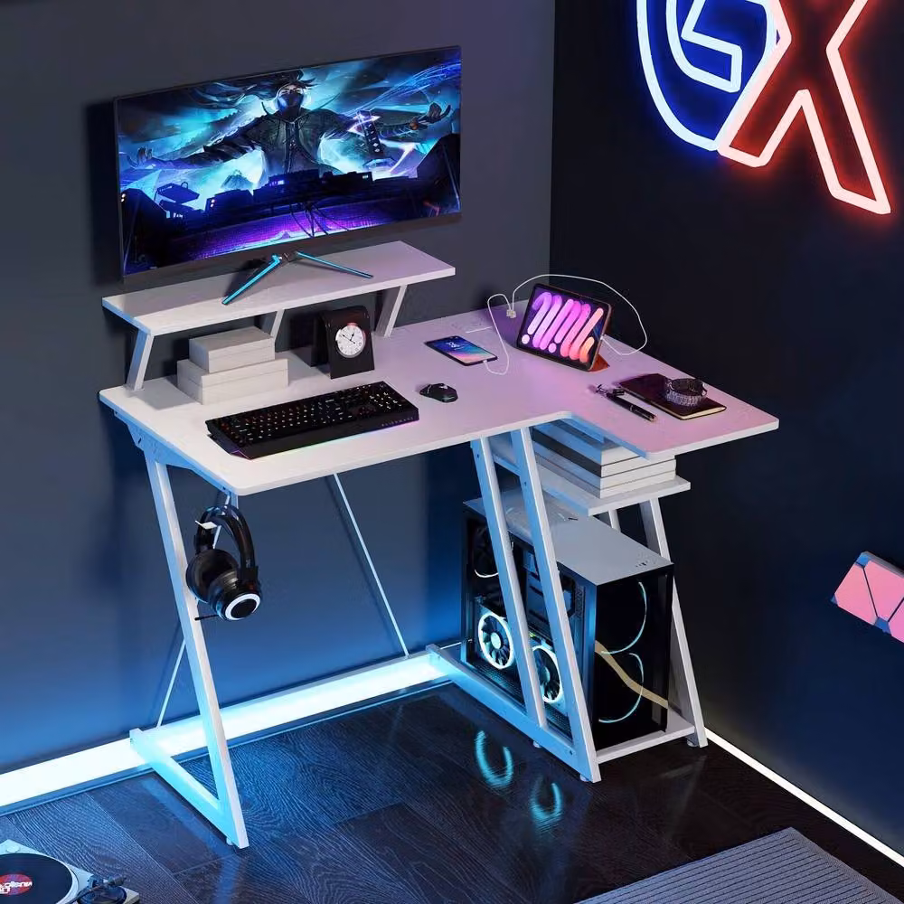 Costway L-Shaped Gaming Desk with Monitor Shelf and Outlets in White – 4