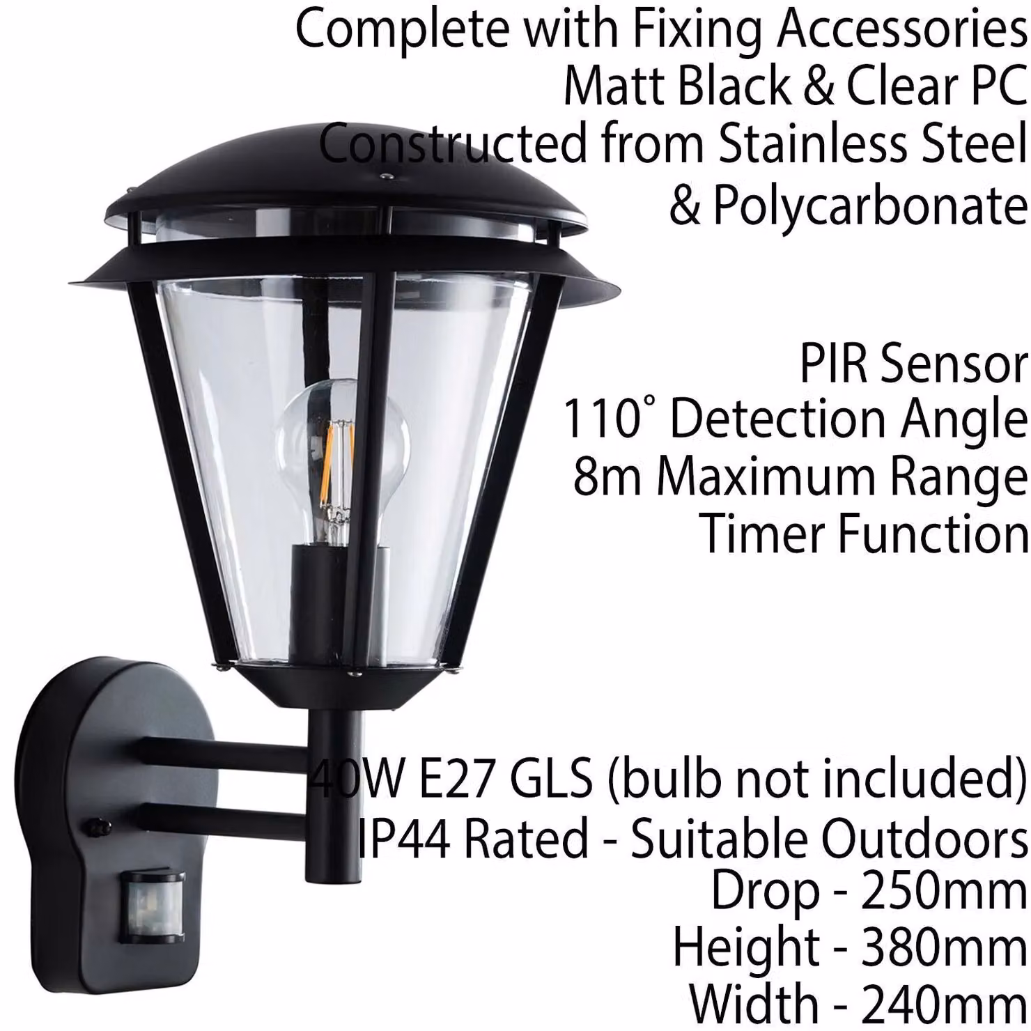 Loops 2 Pack Modern Outdoor Wall Lanterns in Matt Black with Motion Sensor and Timer, IP44 Rated – 3