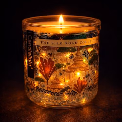 Candlelight The Silk Road Pear & Fig Light Up Glitter Candle in Gold and Multicolour – 2