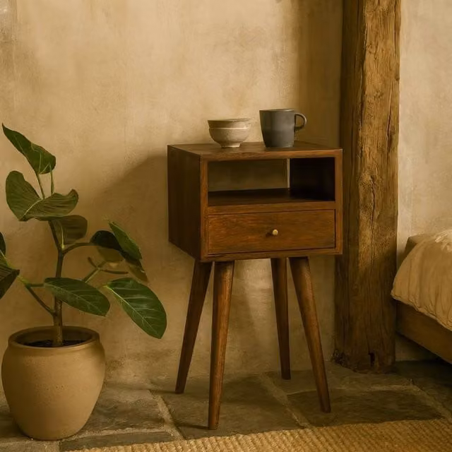 Wyld Haus Olbia Mini Chestnut Mango Wood Bedside Table with Drawer in Brown – 1