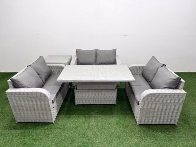 Fimous 6 Seater PE Wicker Rattan Garden Furniture Set in Light Grey with Adjustable Lifting Dining Table, 2 Seater Sofa, and Side Table
