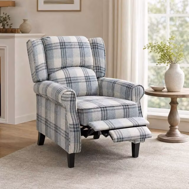 STILVORA Grey Checked Fabric Recliner Armchair with Integrated Ottoman and Footrest