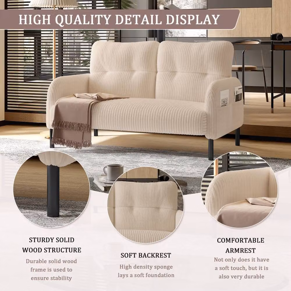 GOMYWAY Matteo Beige Corduroy Double Sofa with Solid Wood Frame – 4
