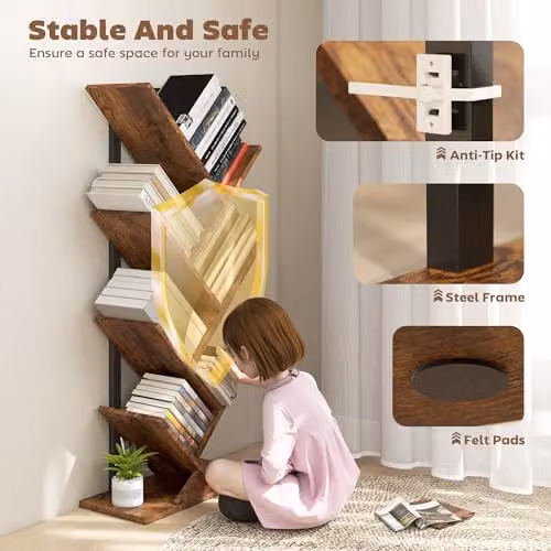 HOMCOM 7-Tier Tree Bookshelf with Industrial Steel Frame in Brown – 4
