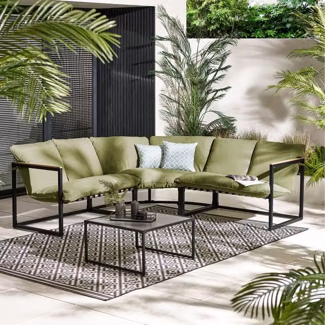 FurnitureboxUK Hydra Garden L-Shape Corner Sofa Set in Green and Black with Outdoor Coffee Table and Matching Ottoman