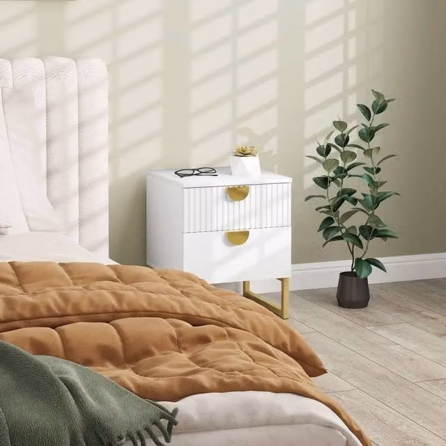 EONLION Modern Bedside Table with 2 Drawers in White and Gold – 1