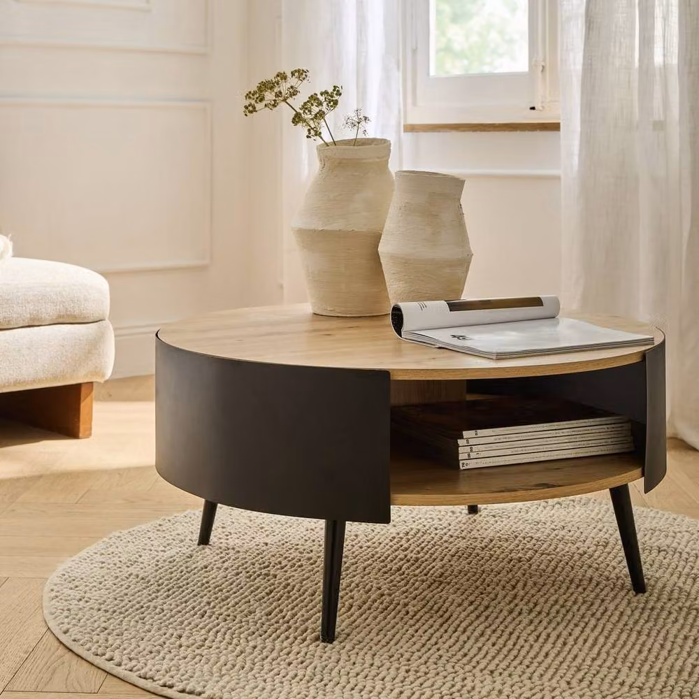 CALICOSY Round 2-Tier Coffee Table in Light Oak and Black Metal, Diameter: 80 cm, Height: 39 cm – 2