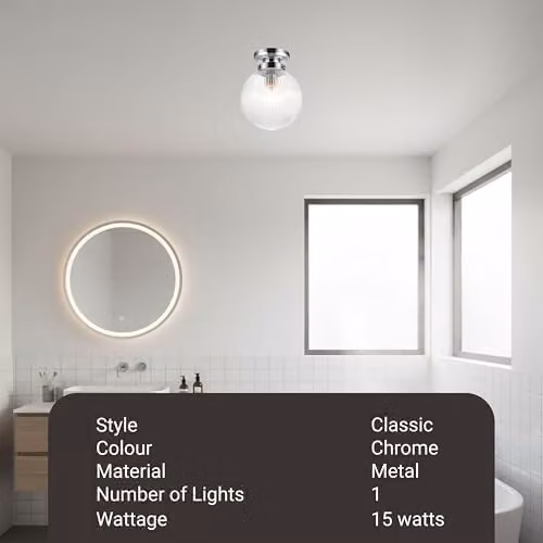 Cosylyte Finley Classic Ribbed Glass Flush Ceiling Light with Chrome Base, IP44 Rated, E27, Transparent – 2