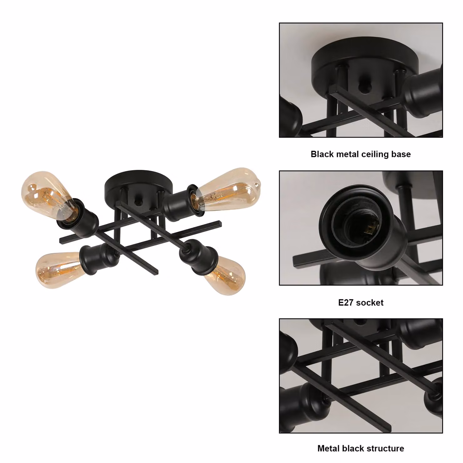 Pheashine Industrial Black Metal Ceiling Light with E27 Glass Shade for Hallway, Dining Room or Living Room – 3