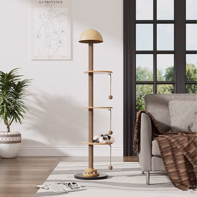 Lifeideas Modern Brown Wood Floor Lamp with Cat Tower and Sisal Dome, W/D/H: 35 x 35 x 35 cm