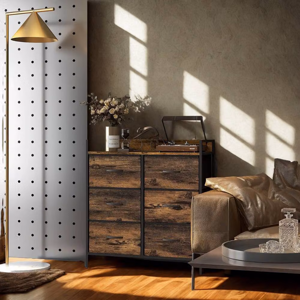 FURNOS Industrial 6 Drawer Chest Storage Unit with Shelf, Brown – 3