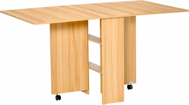 HOMCOM Teak Folding Dining Table with Drop Leaf and Storage Shelves, Brown – 1