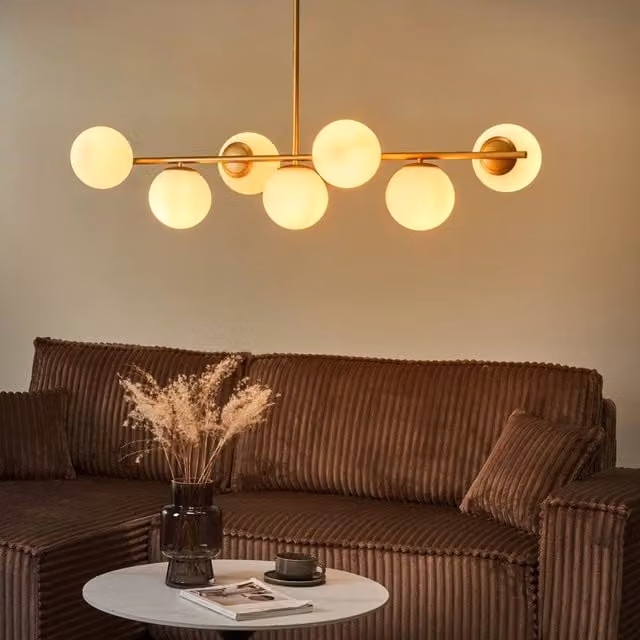 Wyld and Coco Glamour Gold Metal Ceiling Lamp with 7 White Glass Globes – 1