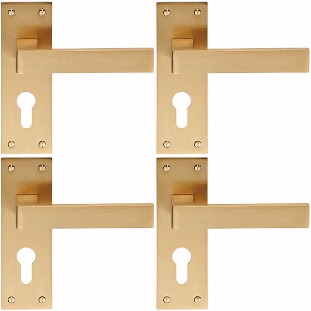 Loops 4x Pair Straight Square Handle on Euro Lock Backplate in Satin Brass, W: 150 mm, H: 50 mm