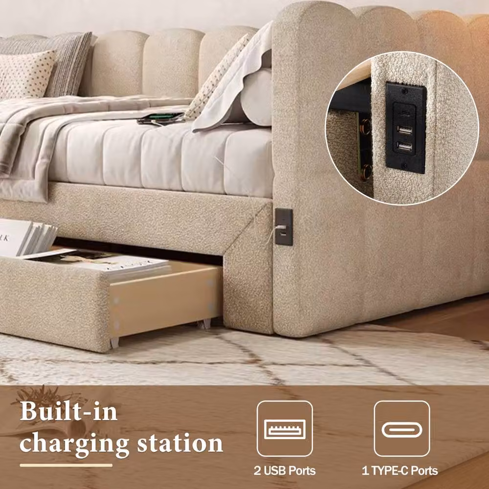 Matteo Daybed Sofa Bed in Beige Chenille with USB Charging Port and Storage Drawers, W/D/H: 90 x 190 cm – 2