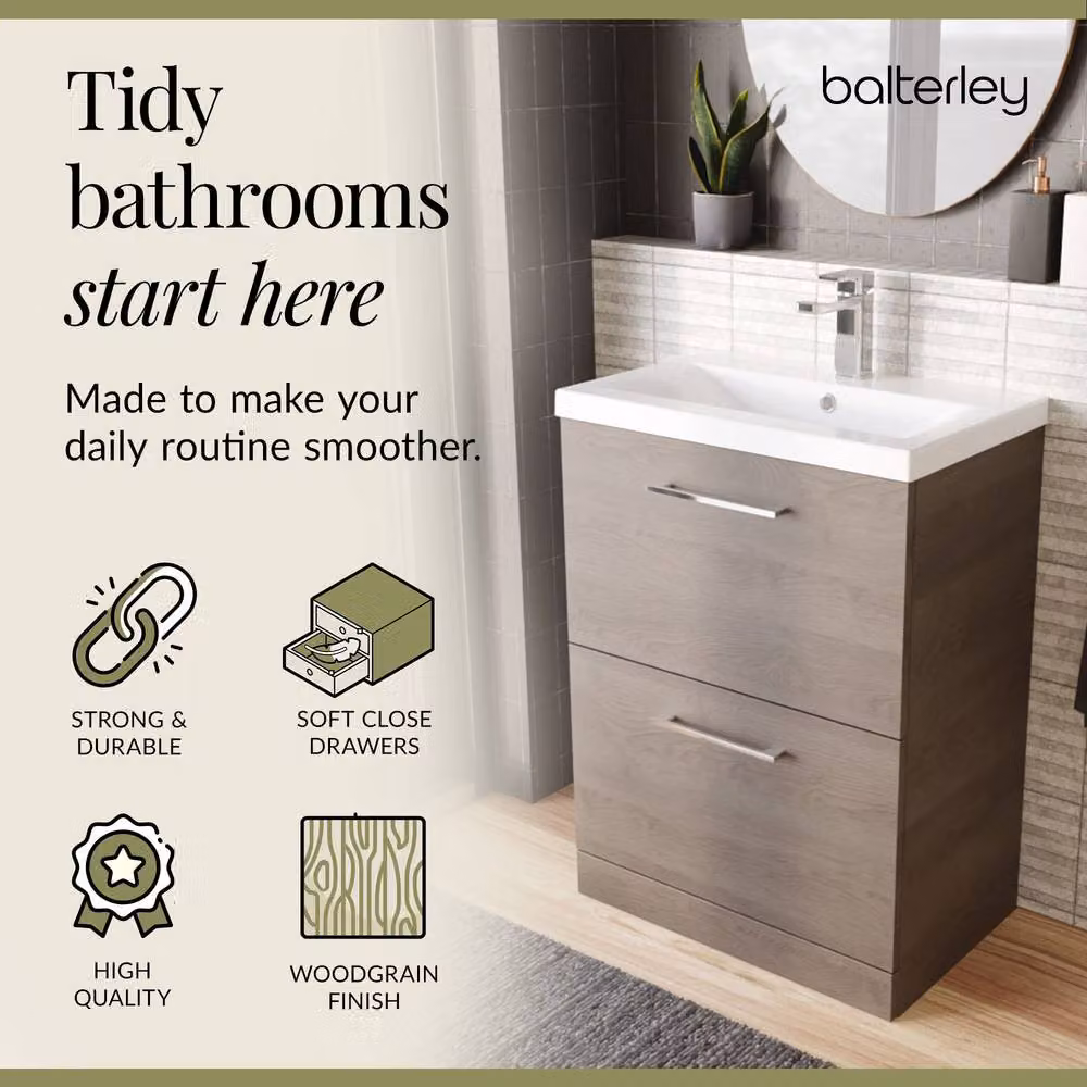 Balterley Contemporary 2-Drawer Bathroom Floor Standing Vanity Unit with Mid-Edge Ceramic Basin, Solace Oak Brown, W/D/H: 61.0 x 39.0 x 84.0 cm – 3
