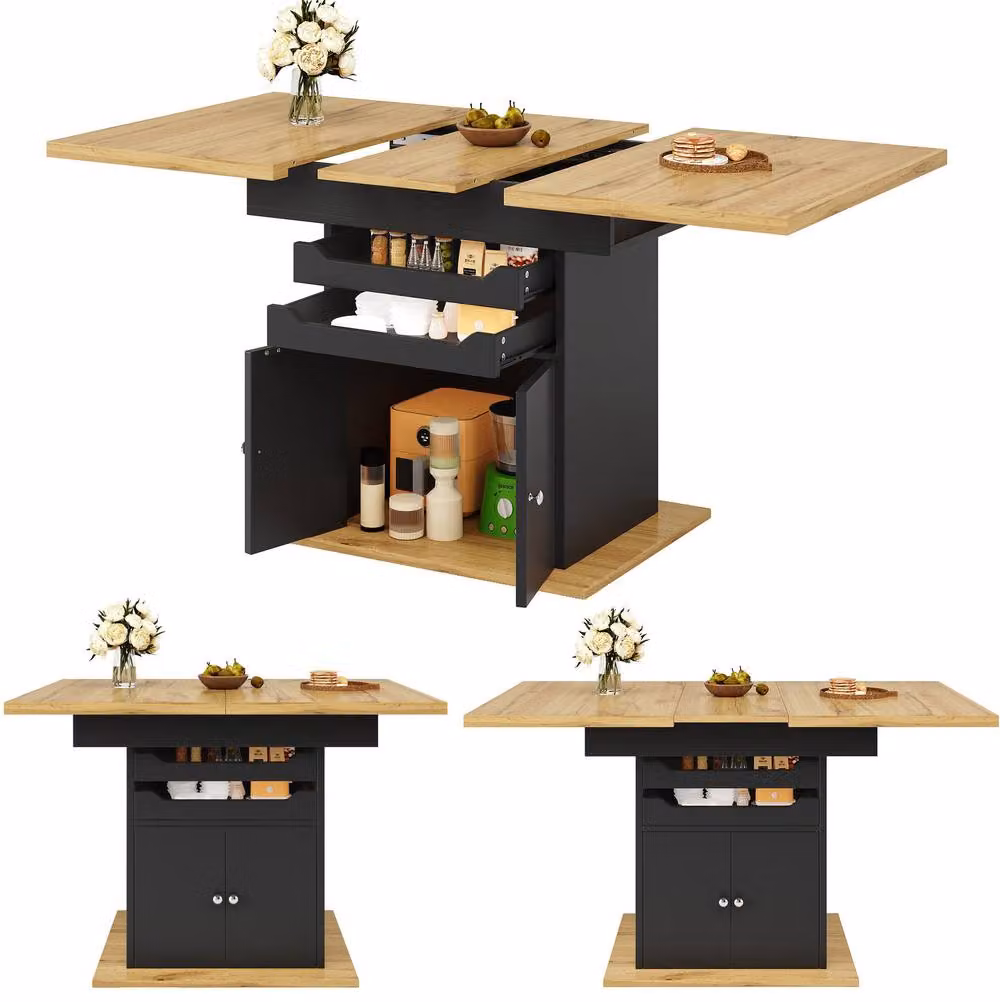 STILVORA Extendable Rectangular Dining Table with Storage and Drawers in Matt Black – 4