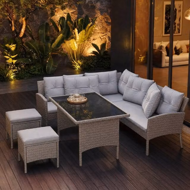 STILVORA Modern Grey Garden Sofa Set with Table and Stool featuring Rattan and Glass Details