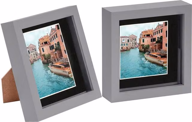 Nicola Spring Pack of 2 Square 3D Box Photo Frames in Grey and Black with 4 x 4 inch Mounts, W/H: 15.24 x 15.24 cm