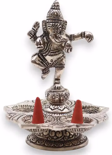 KDMK Dancing Ganesha Incense Holder, Silver Metal Tabletop Ethnic Design