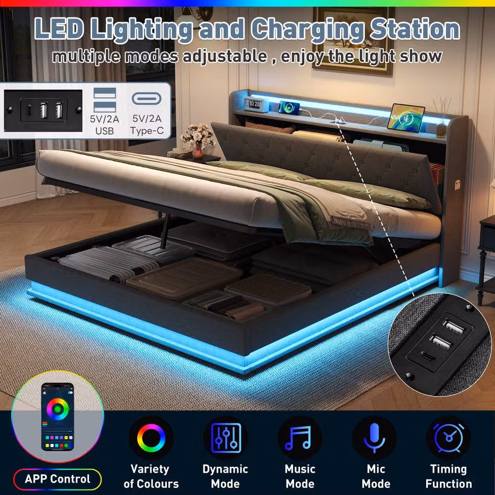 ModernLuxe Upholstered Ottoman Bed in Grey with LED Storage Headboard and USB Charging Port, W/D/H: 140 x 200 cm – 5