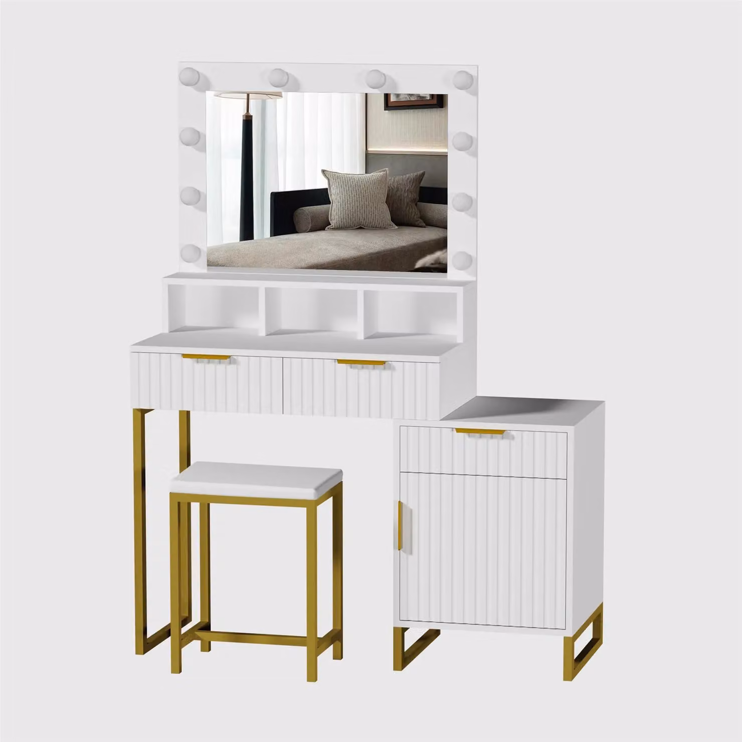 KOSY KOALA Hollywood Style Dressing Table Set with LED Bulb Lights Mirror, Storage Cabinet and Stool in White and Gold, W/D/H: 140 x 40 x 100 cm – 2