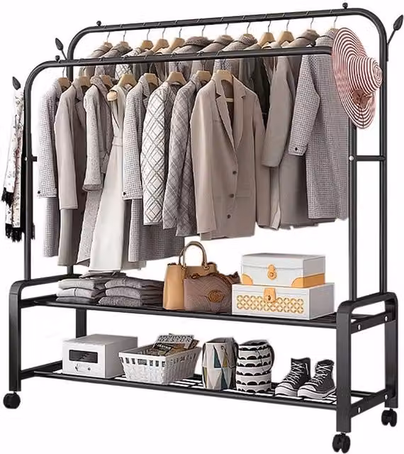 KORVIXA Matt Black Metal Clothes Hanging Rail and Shoe Display Wardrobe, W: 100 cm, D: 15 cm, H: 162 cm